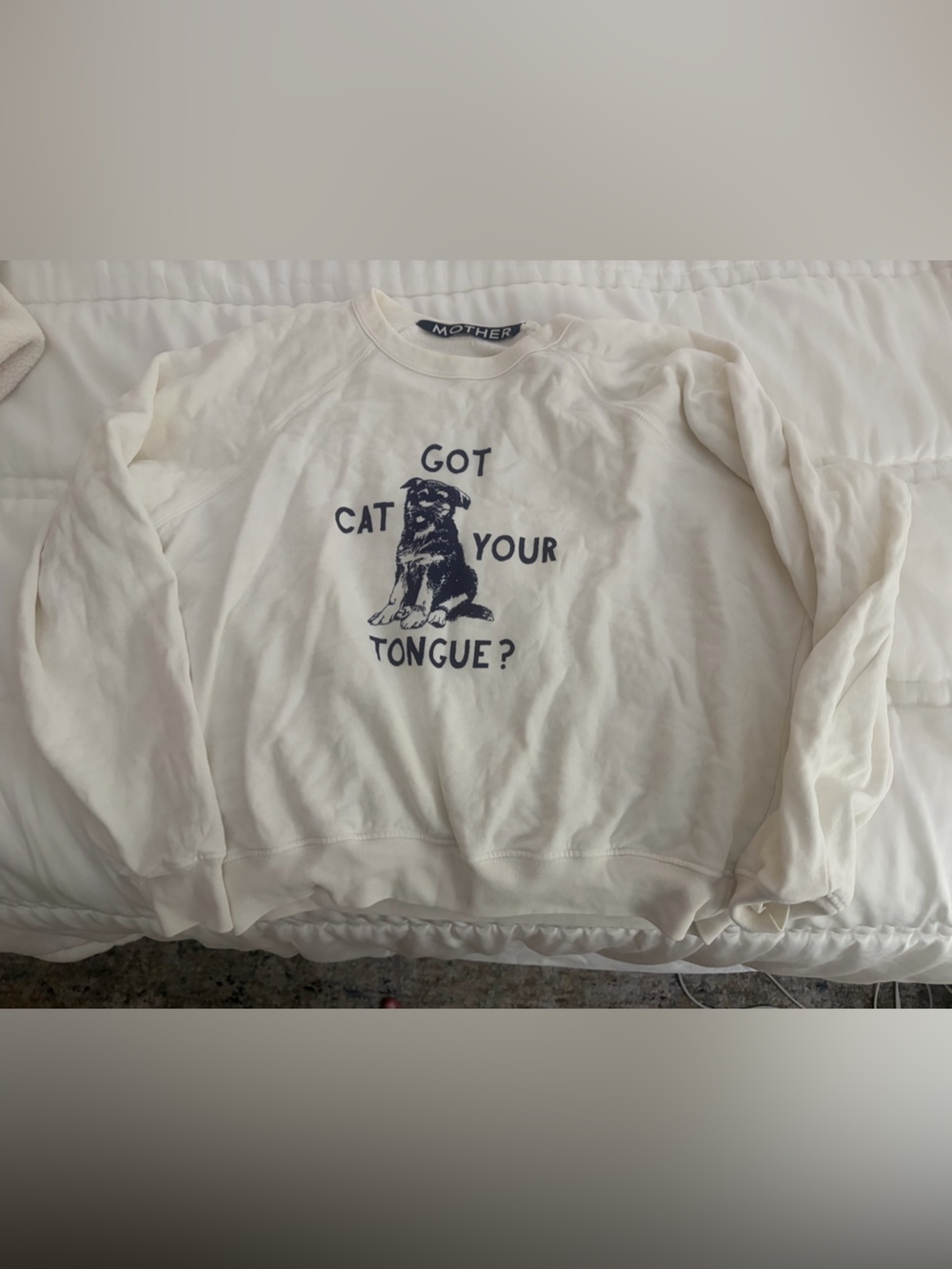 MOTHER Cream Sweatshirt with Navy Cat Graphic